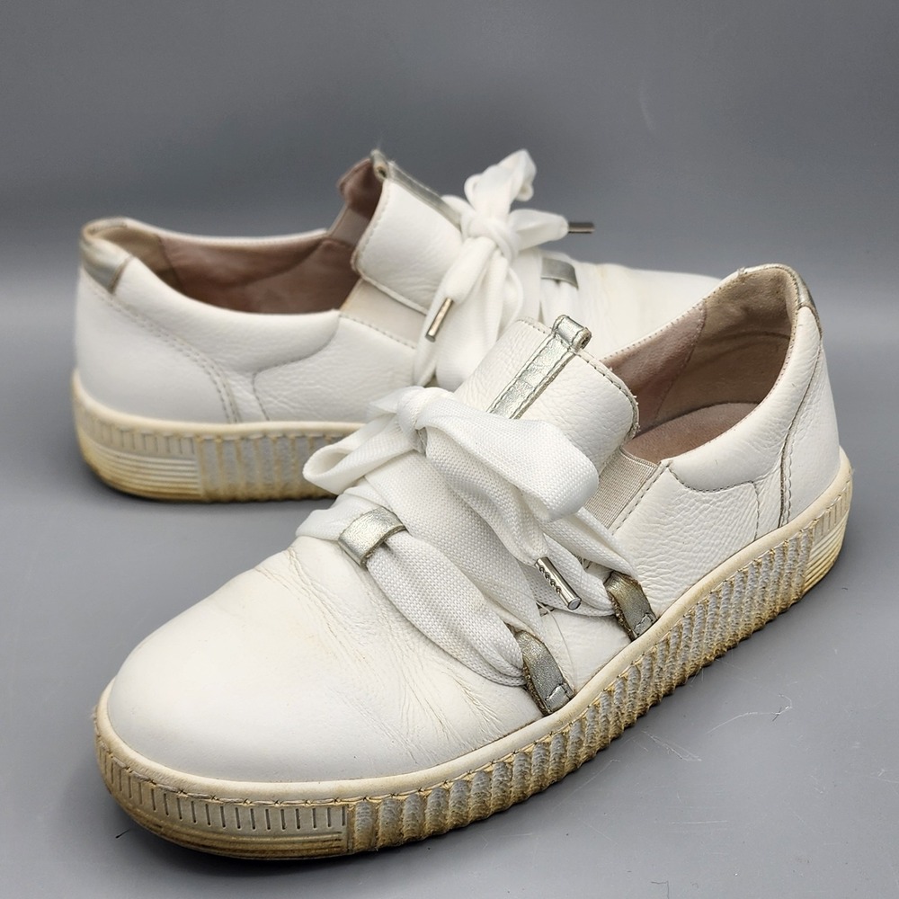 Gabor Women's White/Silver Leather Sneaker w Bow Laces Stretch-Brand Sz 4.5 US